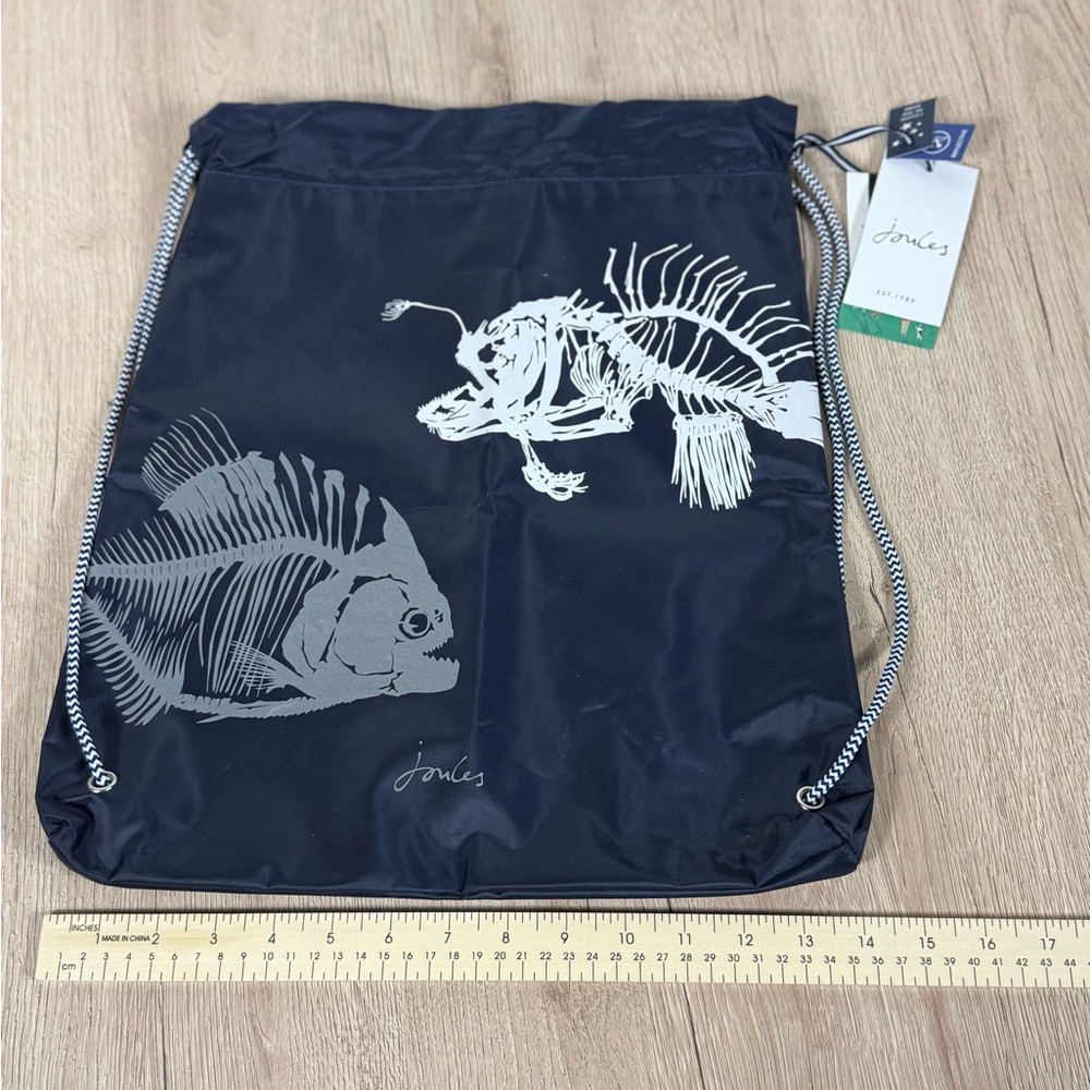 Joules Kids Junior Active Drawstring Gym Bag Navy Blue Fish Skeleton Glow NWT
